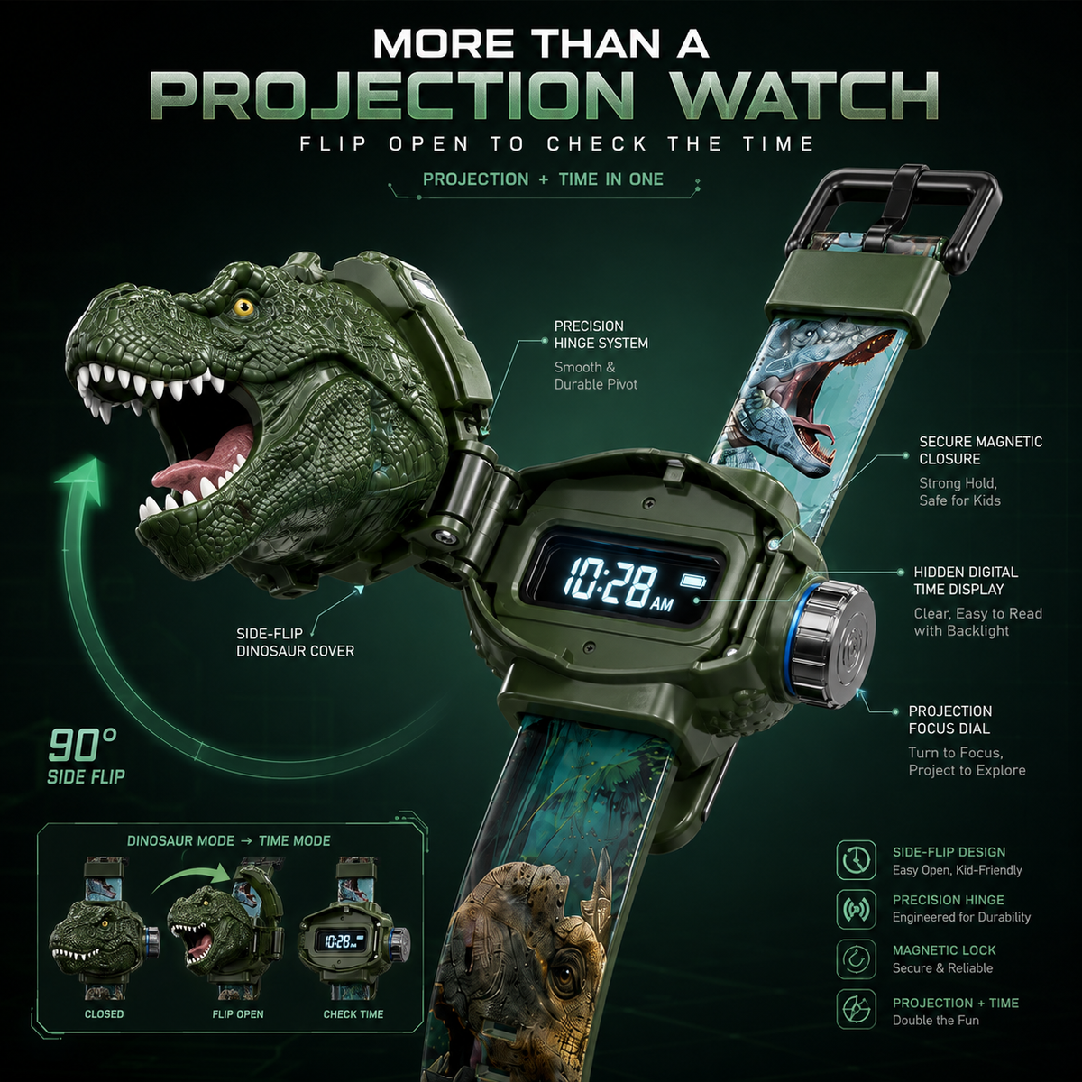 Official Store|🟡𝐁i𝐥𝐥𝐡𝐨𝐥® 3D Dinosaur Projection Watch🦖Realistic T-Rex Design, Safe Soft Strap for Kids Ages 3+