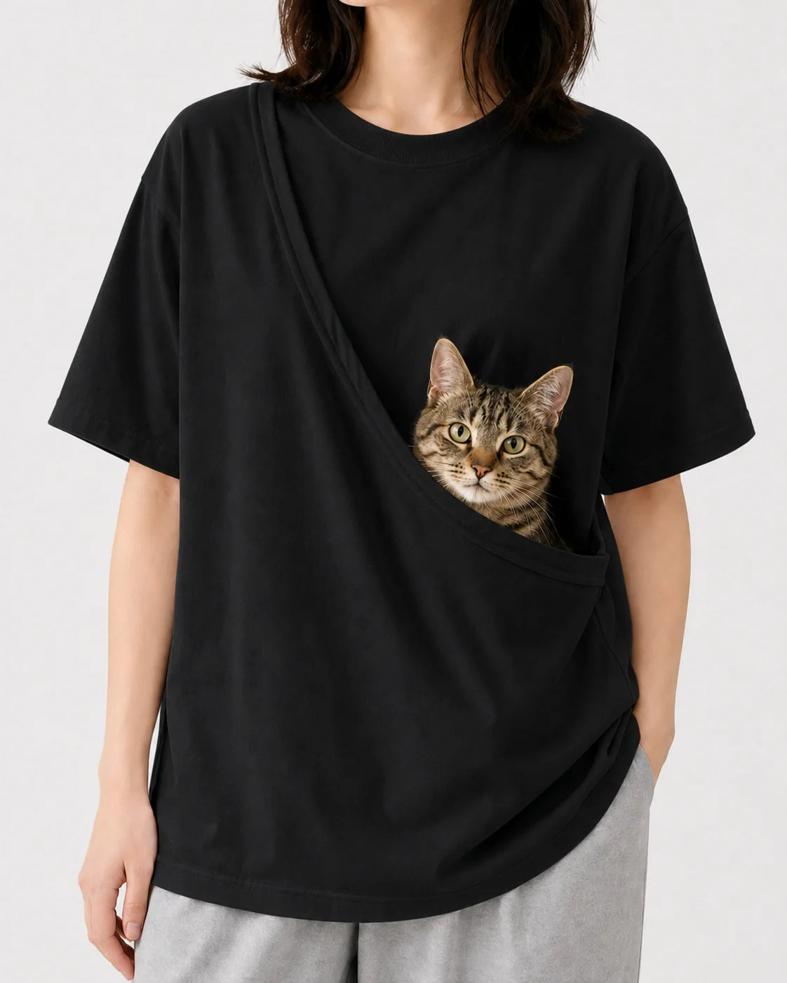Black PawPal cat carrier t-shirt with built-in pouch