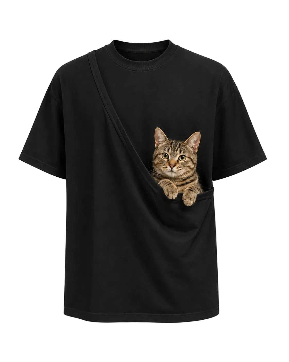 Black PawPal cat carrier t-shirt product view with cat in pouch