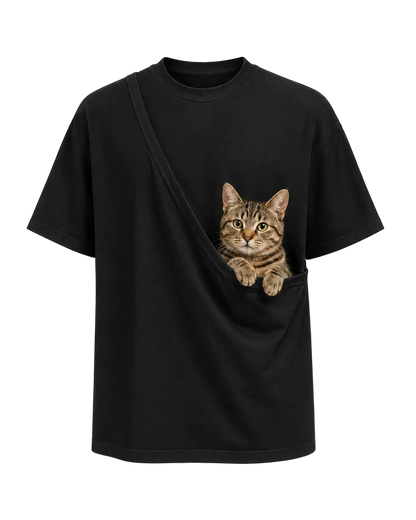 Black PawPal cat carrier t-shirt product view with cat in pouch