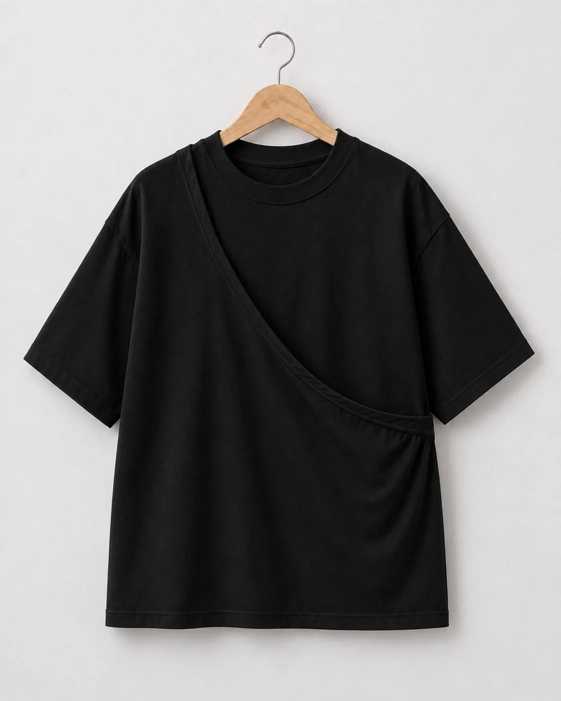 Black PawPal t-shirt showing diagonal built-in cat pouch