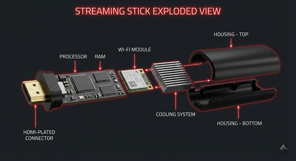 Flixy streaming stick internal hardware exploded view