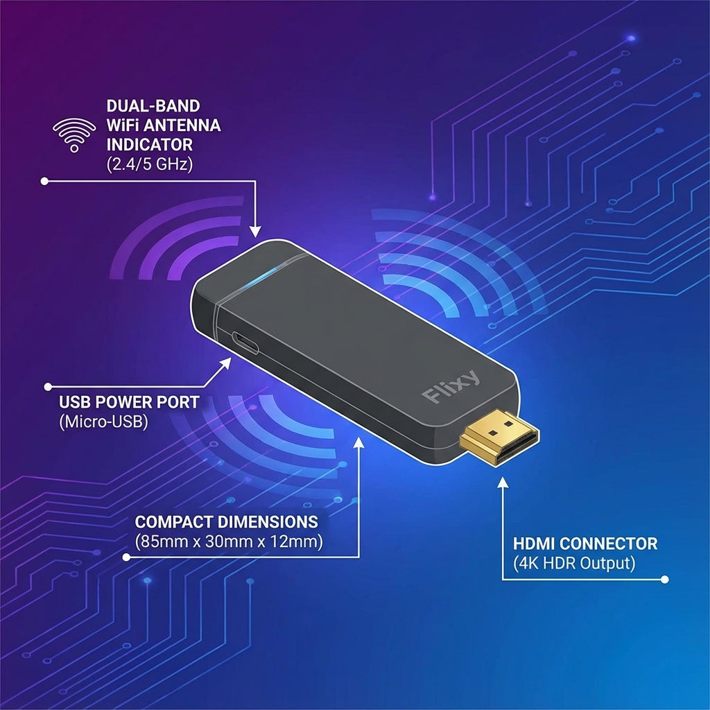 Flixy TV Stick dual-band Wi-Fi HDMI USB power and dimensions diagram